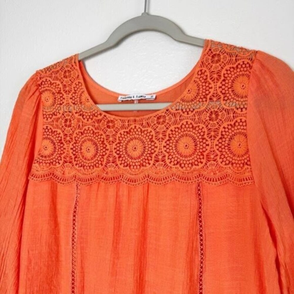 Figueroa & Flowers orange peasant‎ lace yoke scoop neck 3/4 sleeve blouse top S - Picture 3 of 11